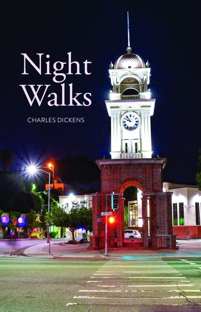 "Night Walks" booklet cover, with a photo of the Santa Cruz clock tower at night